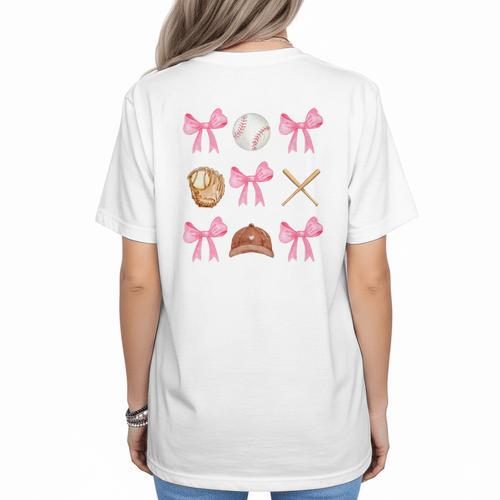 Baseball Coquette Bow Baseball Mama Baseball Mom Premium Women's T-Shirt Back Print - Sportilla