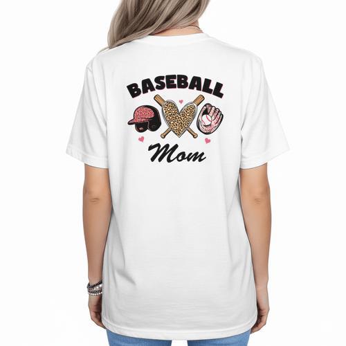 Baseball Mom Leopard Heart Game Day Love Mommy Women's T-Shirt Back Print - Sportilla