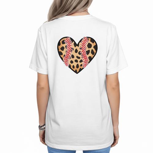 Baseball Mom Leopard Heart Valentine Day Mother Day Women's T-Shirt Back Print - Sportilla