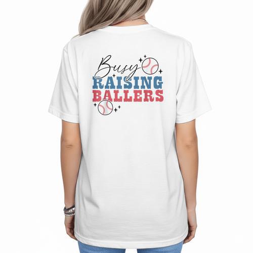 Busy Raising Ballers Retro Groovy Baseball Mom Outfit Women's T-Shirt Back Print - Sportilla