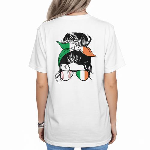 Ireland Baseball Mom Messy Bun Irish Baseball Girl Women's T-Shirt Back Print - Sportilla