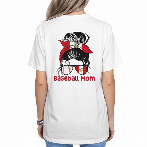 Peru Baseball Mom Messy Bun Women's T-Shirt Back Print - Sportilla