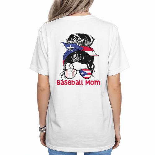 Puerto Rico Baseball Mom Messy Bun Boricua Women's T-Shirt Back Print - Sportilla