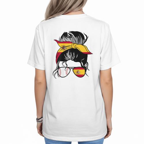 Spanish Baseball Mom Messy Bun Spain Baseball Girl Women's T-Shirt Back Print - Sportilla