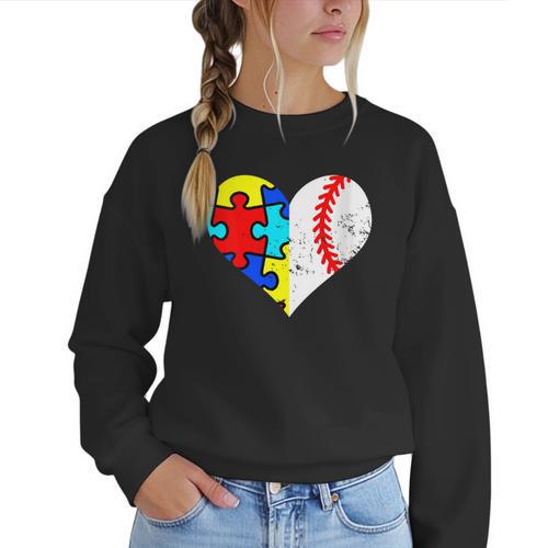 Autism Baseball Heart Autism Puzzle Baseball Mom Women Crewneck Sweatshirt - Sportilla