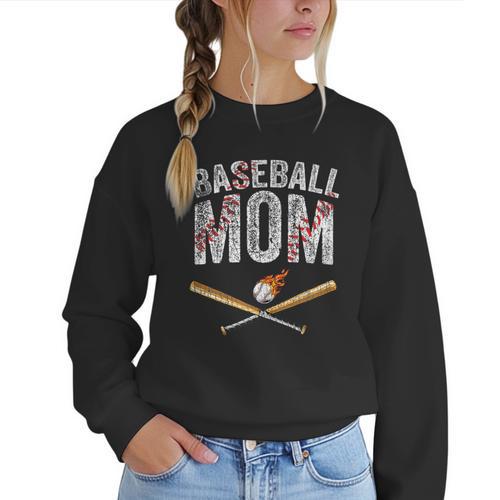 Baseball Mom Crossed Bats With Ball On Fire Distressed Women Crewneck Sweatshirt - Sportilla