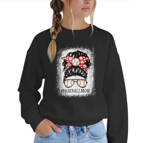 Baseball Mom Messy Bun Hair Player Mom Women Crewneck Sweatshirt - Sportilla