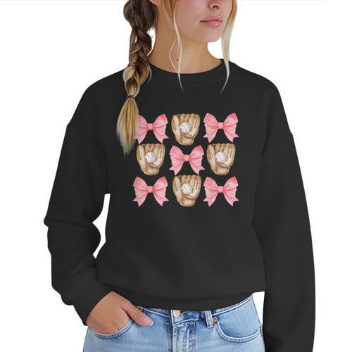 Baseball Mom Sister Tween Teen Girl Girly Pink Bow Preppy Women Crewneck Sweatshirt - Sportilla