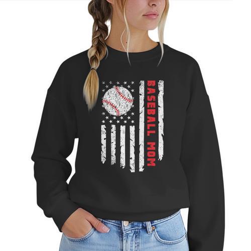 Baseball MOM USA American Flag Patriotic Mama Mother's Day For Women Kids Men Women Crewneck Sweatshirt - Sportilla