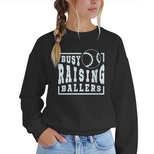 Busy Raising Ballers Graphic For Baseball Moms Women Crewneck Sweatshirt - Sportilla