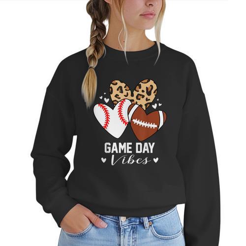 Game Day Vibes Football Baseball Mom Heart Women Crewneck Sweatshirt - Sportilla