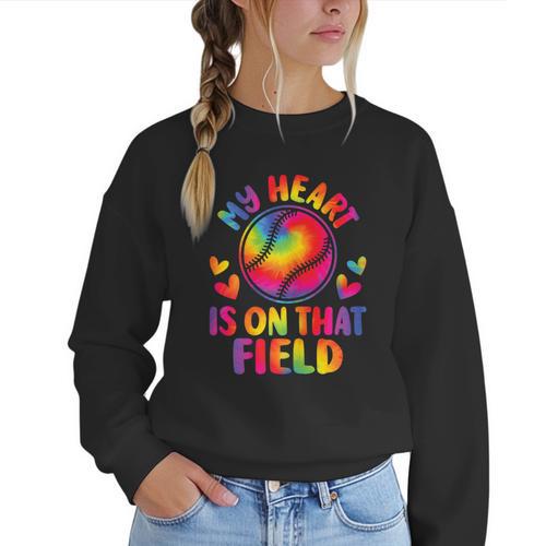 My Heart Is On That Field Cute Baseball Mom Women Women Crewneck Sweatshirt - Sportilla