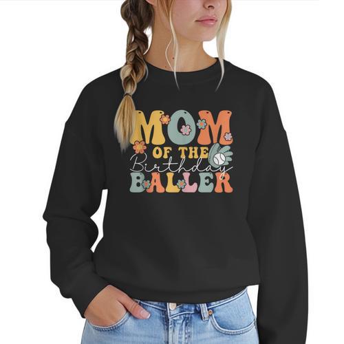 Mom Of The Birthday Baller Groovy Baseball Mom Women Crewneck Sweatshirt - Sportilla