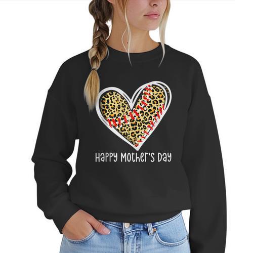 Softball Baseball Mom Valentine Leopard Heart Mother's Day Women Crewneck Sweatshirt - Sportilla