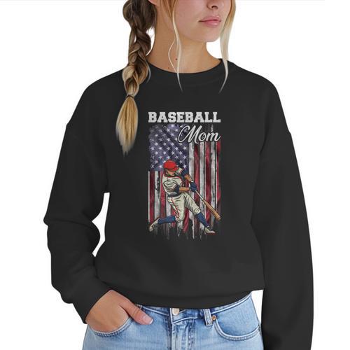 Vintage USA Flag Baseball Player Proud Baseball Mom Women Crewneck Sweatshirt - Sportilla