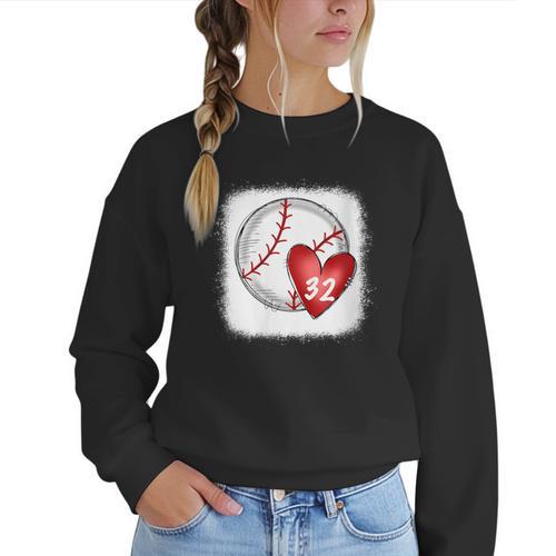 Womens Bleached Custom Baseball Mom Number 32 Heart For Mom Women Crewneck Sweatshirt - Sportilla