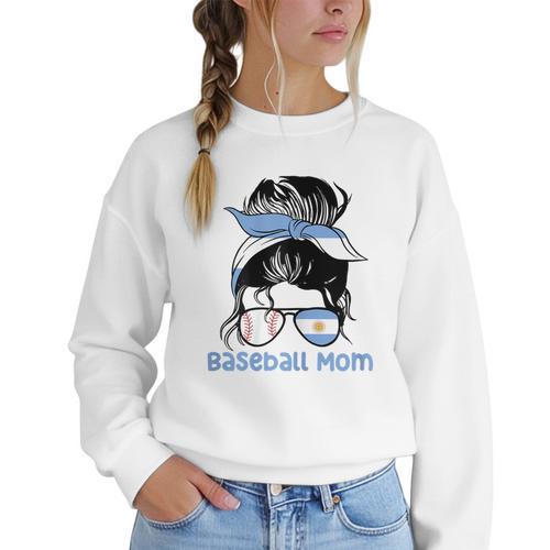 Argentina Baseball Mom Messy Bun Women Crewneck Sweatshirt - Sportilla
