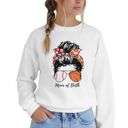 Baseball Mom Basketball Mom Of Both Messy Bun Mother's Day Women Crewneck Sweatshirt - Sportilla