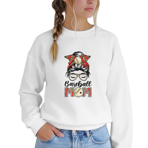Baseball Mom Game Day Messy Bun Leopard Mother's Day Women Crewneck Sweatshirt - Sportilla