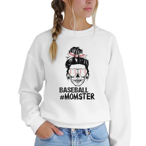 Baseball Momster Messy Bun Skull Mom For Women Halloween Women Crewneck Sweatshirt - Sportilla