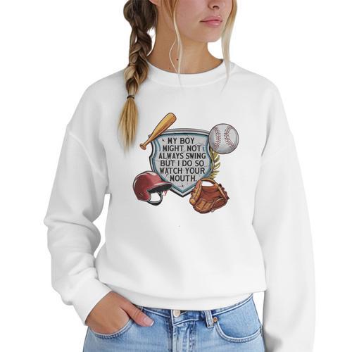 My Boy Might Not Always Swing Baseball Mom Premium Women Crewneck Sweatshirt - Sportilla