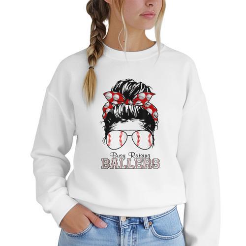 Busy Raising Ballers Messy Bun Funny Baseball Mom Women Crewneck Sweatshirt - Sportilla