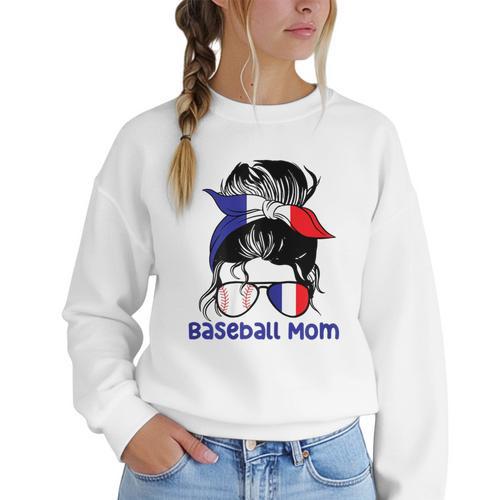 French Baseball Mom France Messy Bun Women Crewneck Sweatshirt - Sportilla