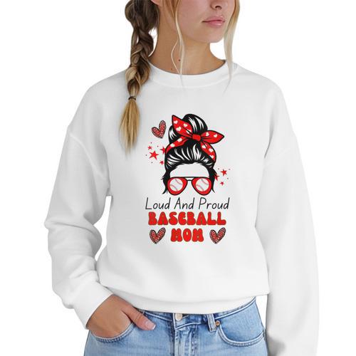 Loud And Proud Baseball Mom Messy Bun Leopard Mother Day Women Crewneck Sweatshirt - Sportilla