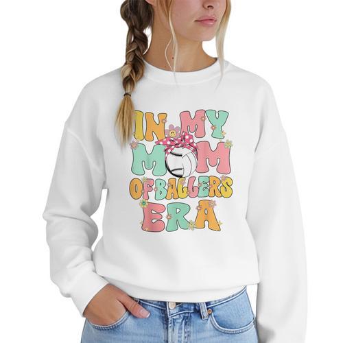 In My Mom Of Ballers Era Groovy Volleyball Baseball Mom Cute Women Crewneck Sweatshirt - Sportilla