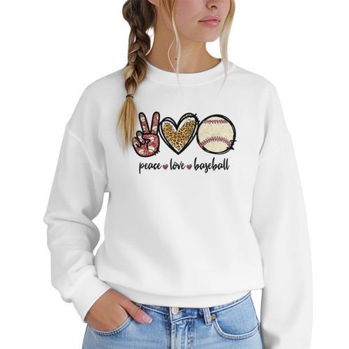 Peace Love Baseball Mom Leopard Print Cheetah Pattern Women Crewneck Sweatshirt - Sportilla