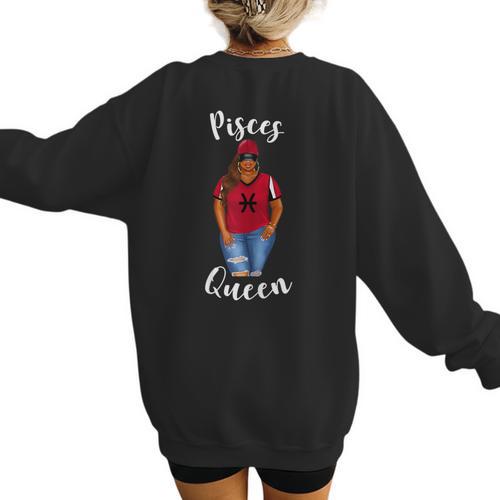 African American Baseball Mom Pisces Queen Zodiac Sign Women's Sweatshirt Back Print - Sportilla