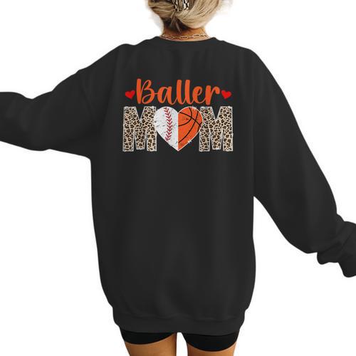 Baller Mom Leopard Basketball Baseball Mom Women's Sweatshirt Back Print - Sportilla