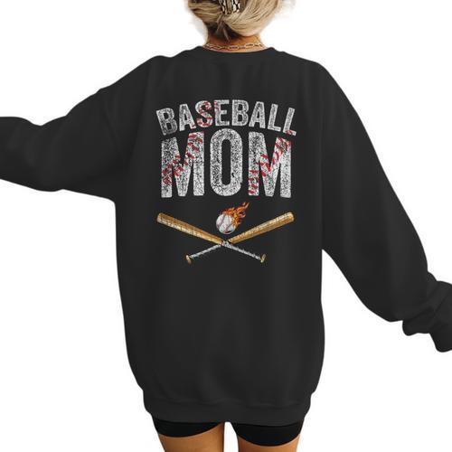 Baseball Mom Crossed Bats With Ball On Fire Distressed Women's Sweatshirt Back Print - Sportilla