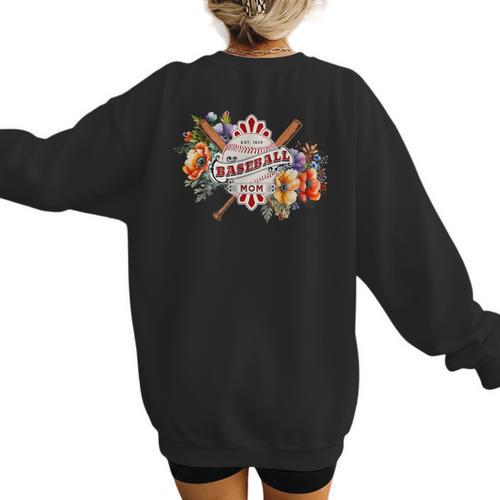 Baseball Mom With Garden Flowers Women's Sweatshirt Back Print - Sportilla