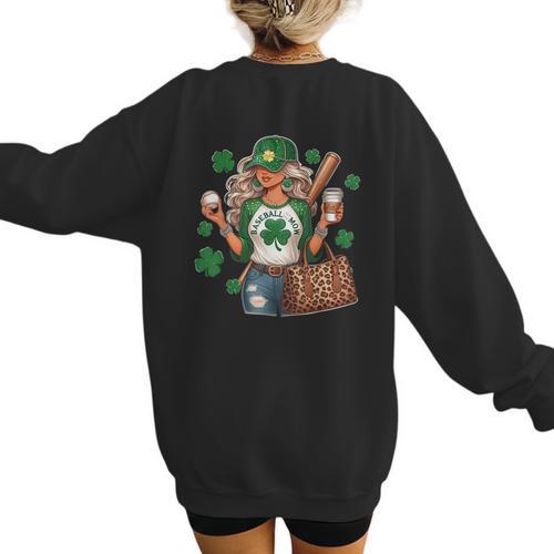 Baseball Mom Green Shamrock St Patrick Day Women Women's Sweatshirt Back Print - Sportilla