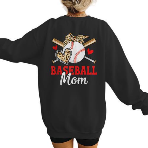 Baseball Mom Leopard Heart Mother's Day Girls Women's Sweatshirt Back Print - Sportilla