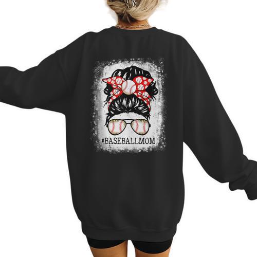 Baseball Mom Messy Bun Hair Player Mom Women's Sweatshirt Back Print - Sportilla