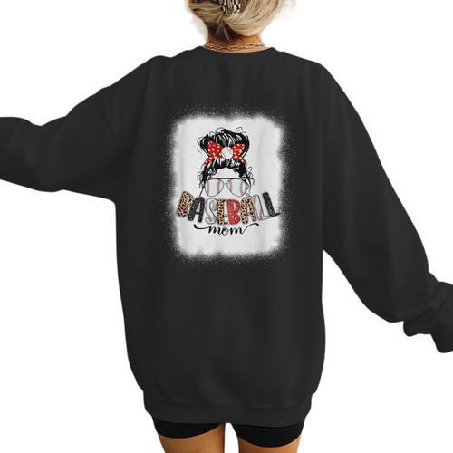 Baseball Mom Messy Bun Mommy Baseball Player Women's Sweatshirt Back Print - Sportilla