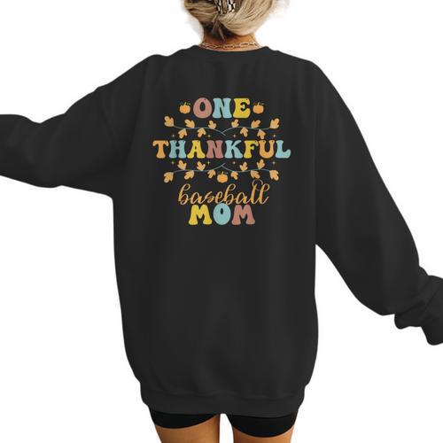 Groovy Retro One Thankful Baseball Mom Thanksgiving Fall Women's Sweatshirt Back Print - Sportilla