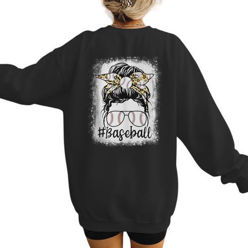 Leopard Messy Bun Mom Mother's Day Baseball Mommy Women's Sweatshirt Back Print - Sportilla