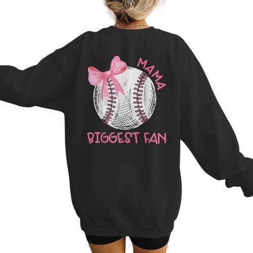 Mama Biggest Fan Coquette Bow Baseball Mom Fan Mother's Day Women's Sweatshirt Back Print - Sportilla