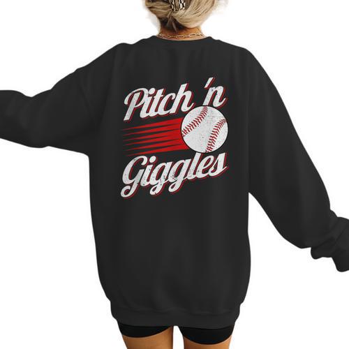 Pitch 'n Giggles Baseball Player Women Baseball Mom Women's Sweatshirt Back Print - Sportilla