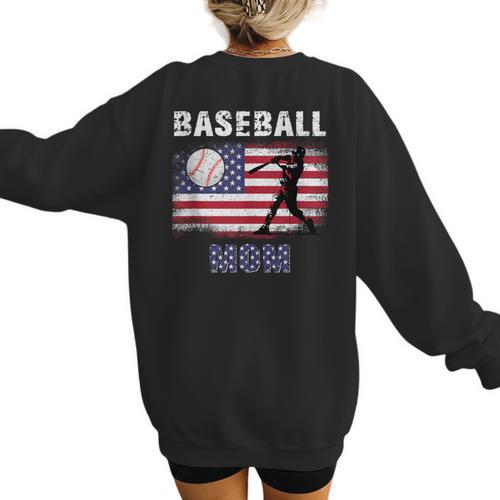 Proud Baseball MOM USA American Flag Family Game Day Women's Sweatshirt Back Print - Sportilla
