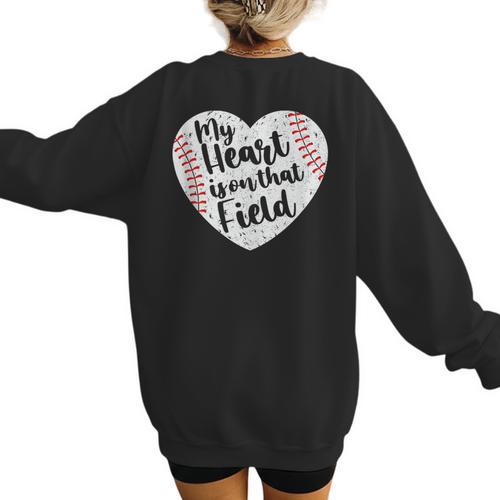 Retro My Heart Is On That Field Baseball Mom Mother's Day Women's Sweatshirt Back Print - Sportilla