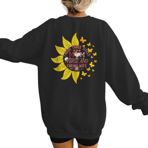 I Have Three Titles Baseball Mom Nurse And Caring Wife Mama Women's Sweatshirt Back Print - Sportilla