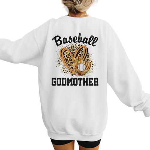 Baseball Godmother Leopard Heart Baseball Mom Game Day Women's Sweatshirt Back Print - Sportilla
