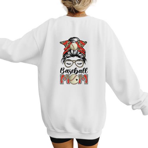 Baseball Mom Game Day Messy Bun Leopard Mother's Day Women's Sweatshirt Back Print - Sportilla