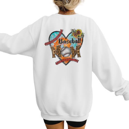 Baseball Mom Valentine Leopard Heart Softball Mother's Day Women's Sweatshirt Back Print - Sportilla