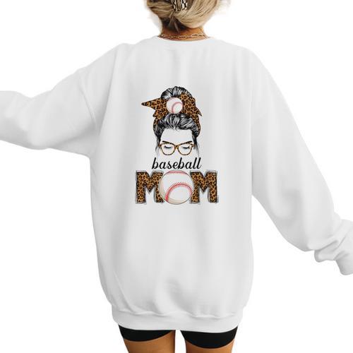 Baseball Mom Women Messy Bun Leopard Mother's Day Women's Sweatshirt Back Print - Sportilla