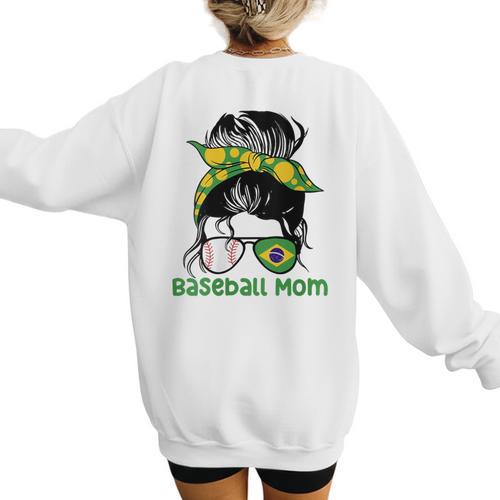 Brazil Baseball Mom Messy Bun Women's Sweatshirt Back Print - Sportilla